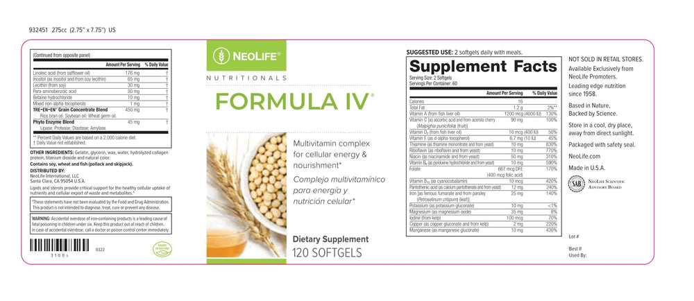 NeoLife Formula IV softgel daily dosage promotes a simple routine with meals.