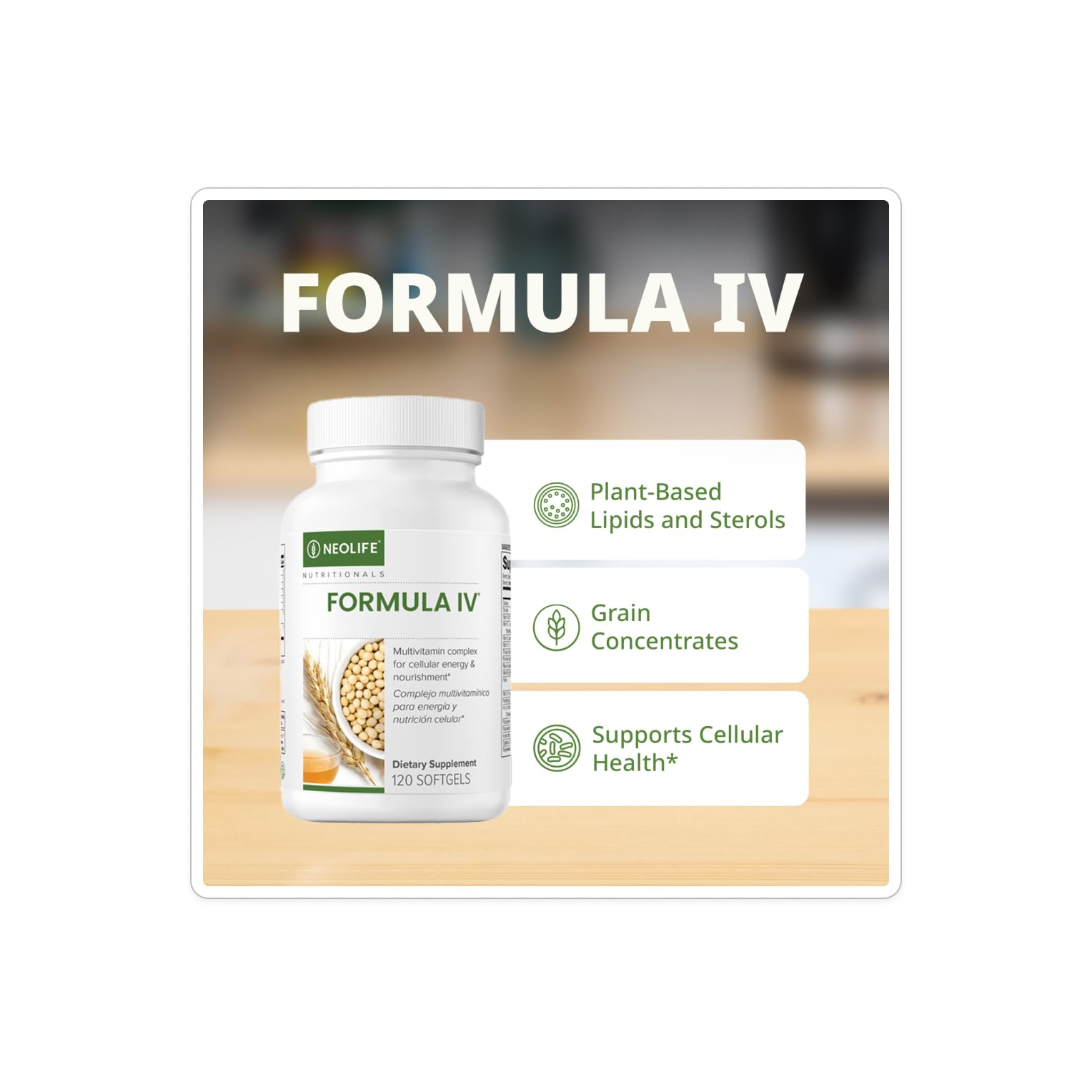 NeoLife Formula IV softgel label highlights essential vitamins and minerals in a convenient form.