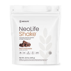 NeoLifeShake bottle with rich chocolate flavor shows convenient meal replacement on the go.