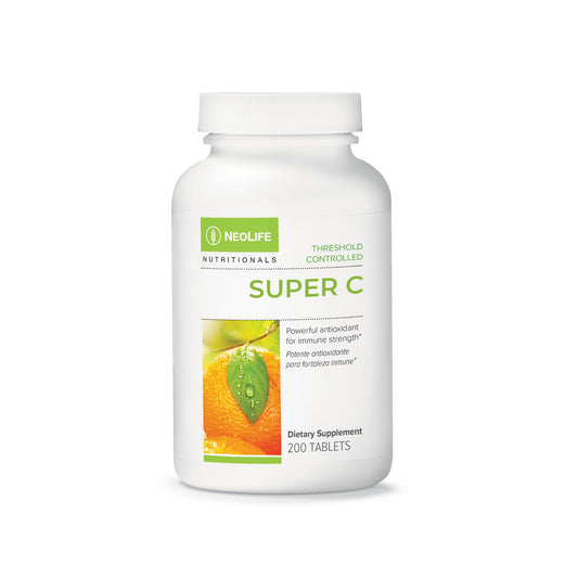 NeoLife Super C bottle being poured for daily vitamin C intake.