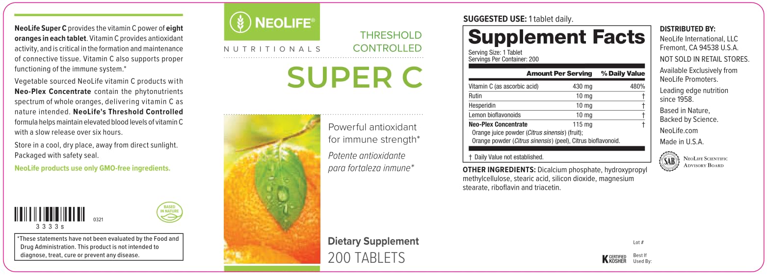 NeoLife Super C with orange juice powder suggests enhanced vitamin C from natural sources.