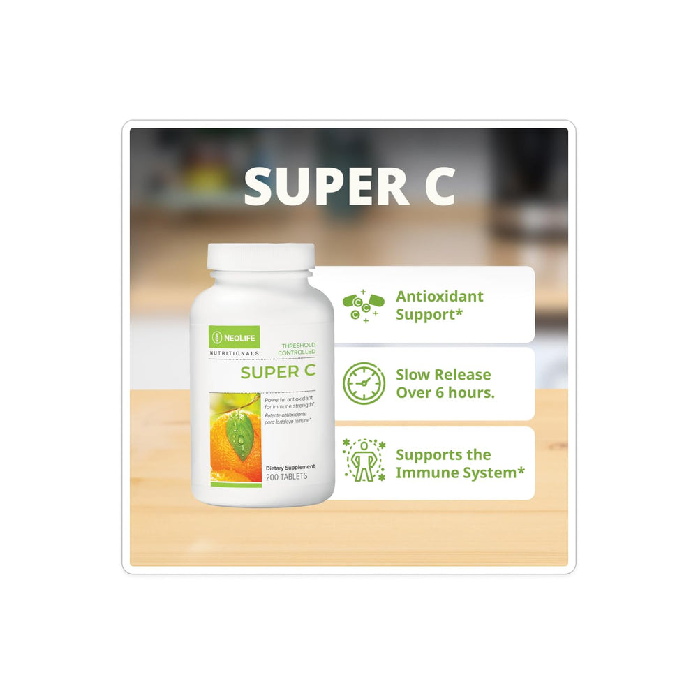 NeoLife Super C tablet close-up shows slow-release design for steady vitamin C.