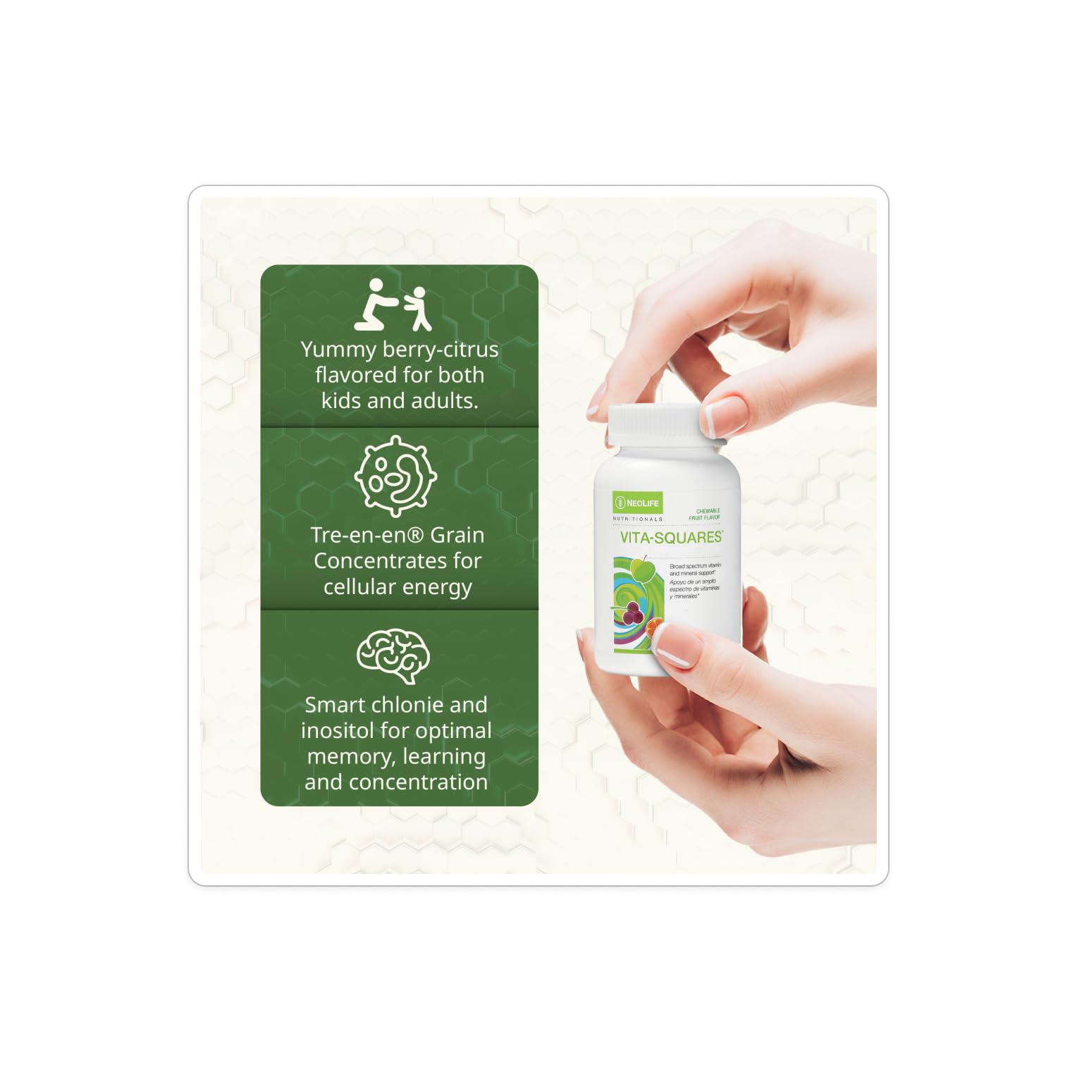 NeoLife Vita-Squares bottle shot highlights convenient chewables for busy families.