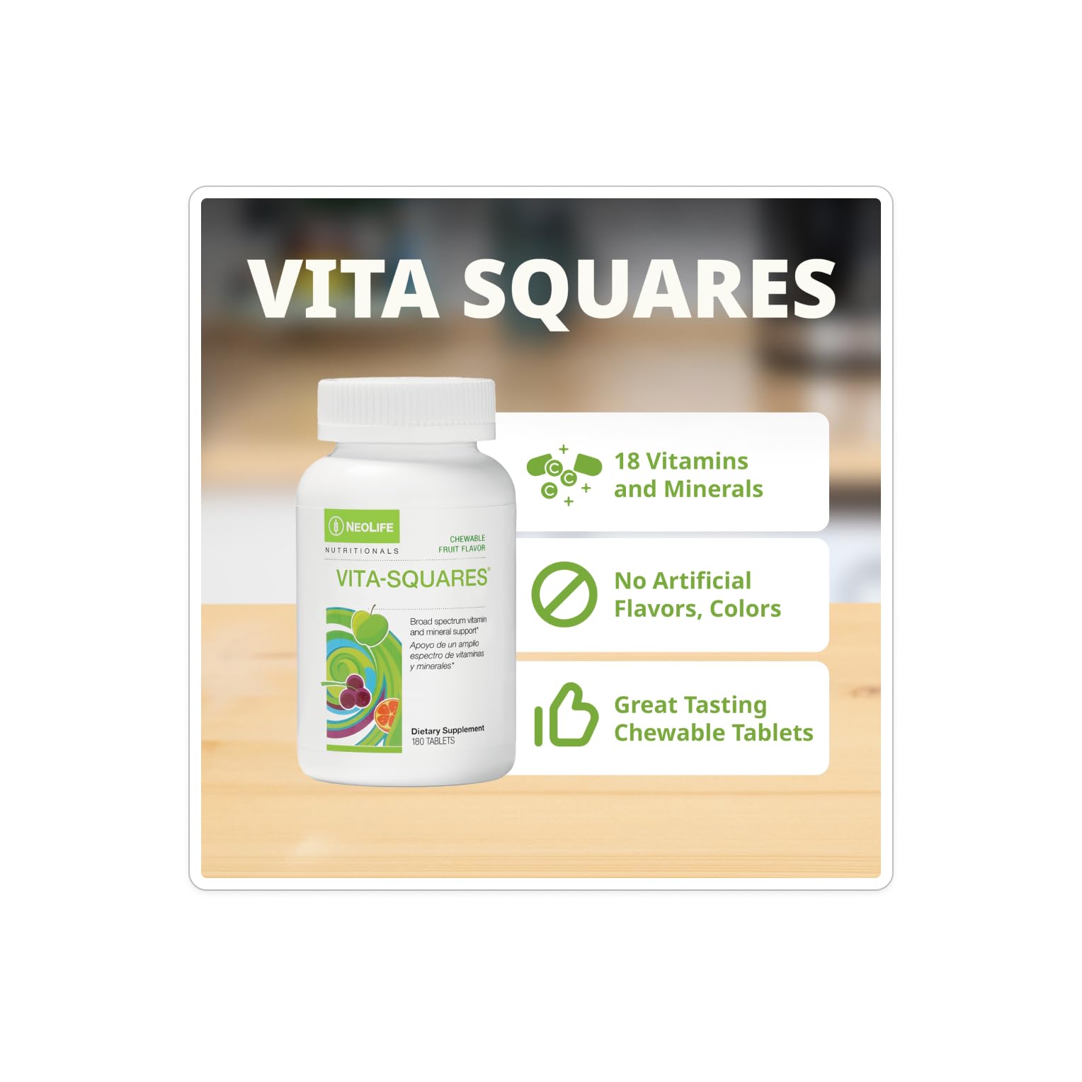 NeoLife Vita-Squares ingredients list highlights 18 essential nutrients.