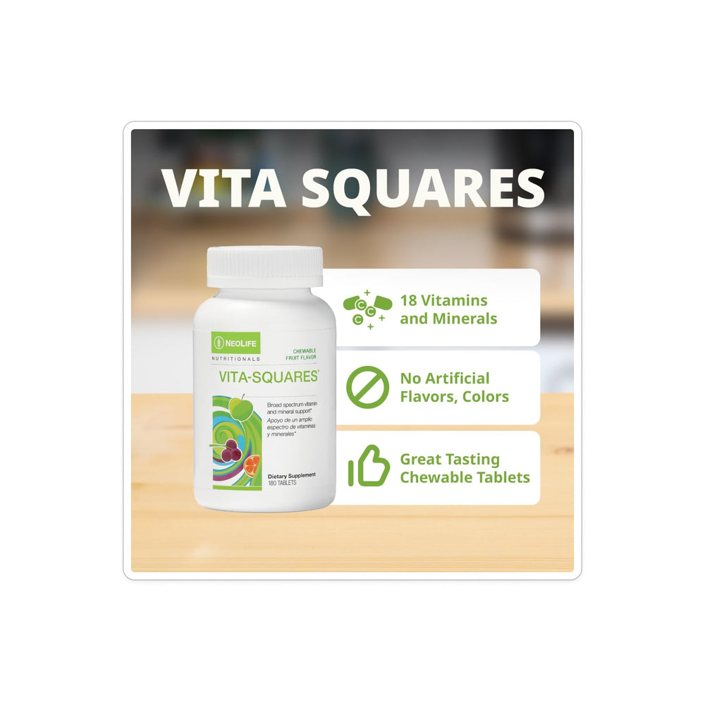 NeoLife Vita-Squares ingredients list highlights 18 essential nutrients.