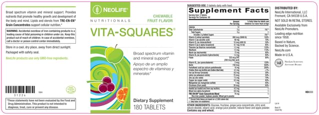 NeoLife Vita-Squares no artificial colors or flavors appealing to health-conscious parents.