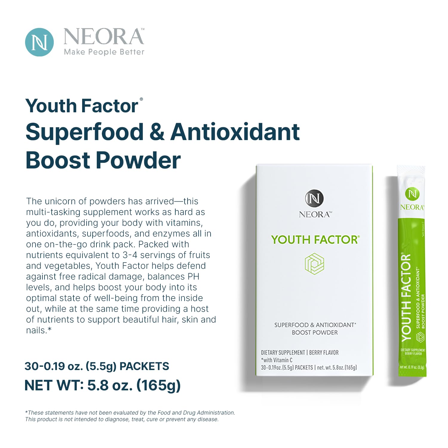 NEORA Youth Factor fruits-and-vegetables blend provides a natural nutrient boost.
