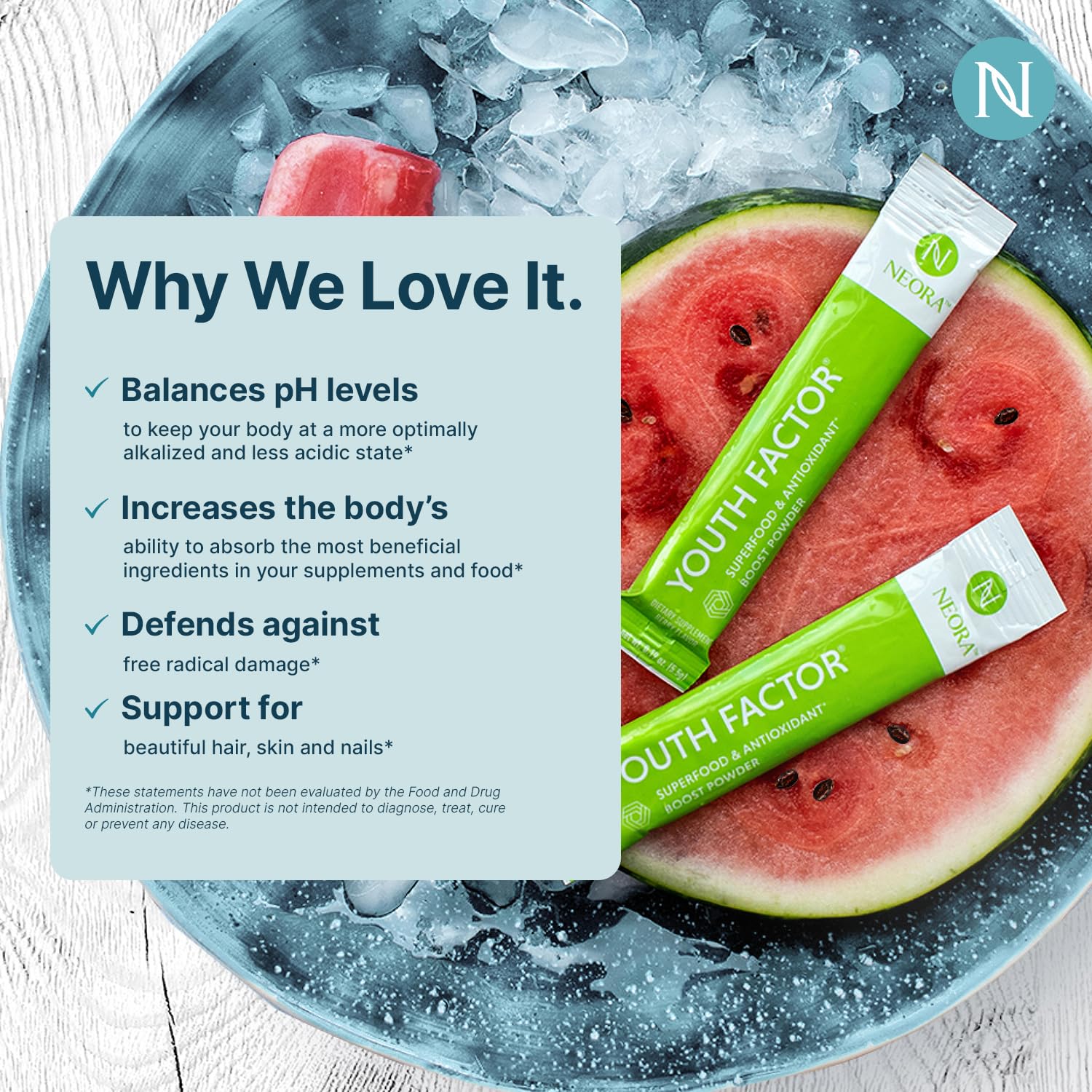 NEORA Youth Factor bottle beside glass highlights pH balance support.
