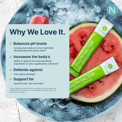 NEORA Youth Factor bottle beside glass highlights pH balance support.