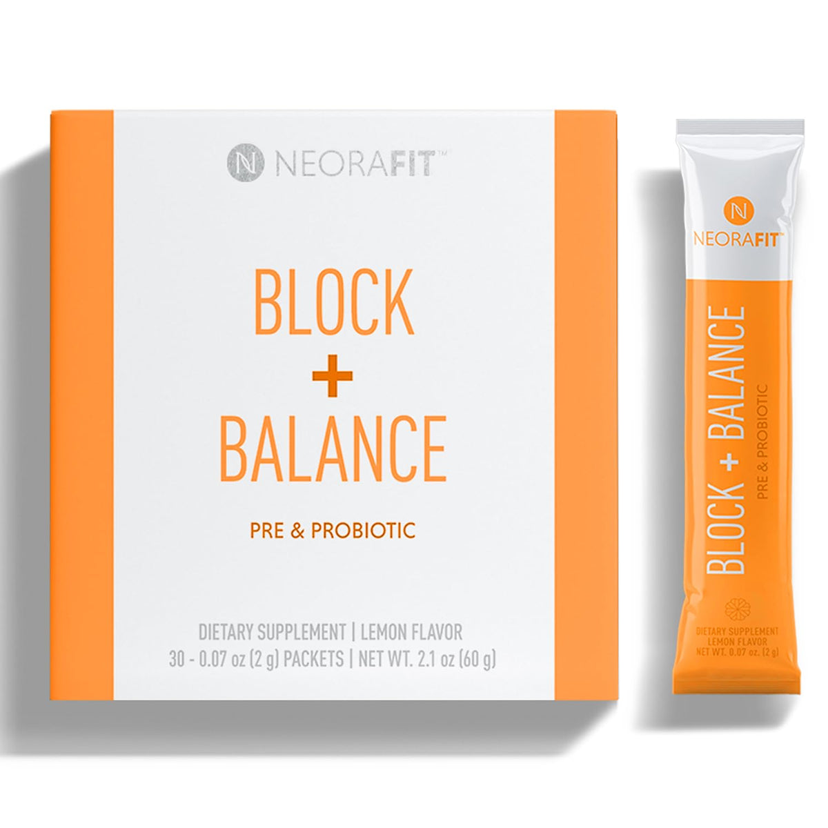 NeoraFit Block+Balance packet showing the prebiotic and probiotic blend for daily balance