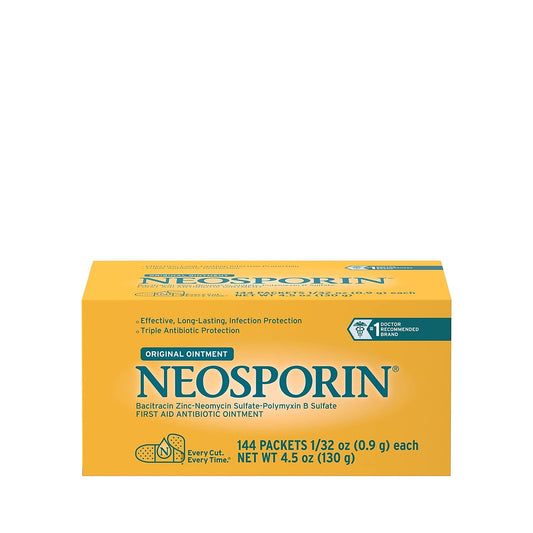 Neosporin antibiotic ointment 0.031 oz packet in yellow packaging for minor wounds