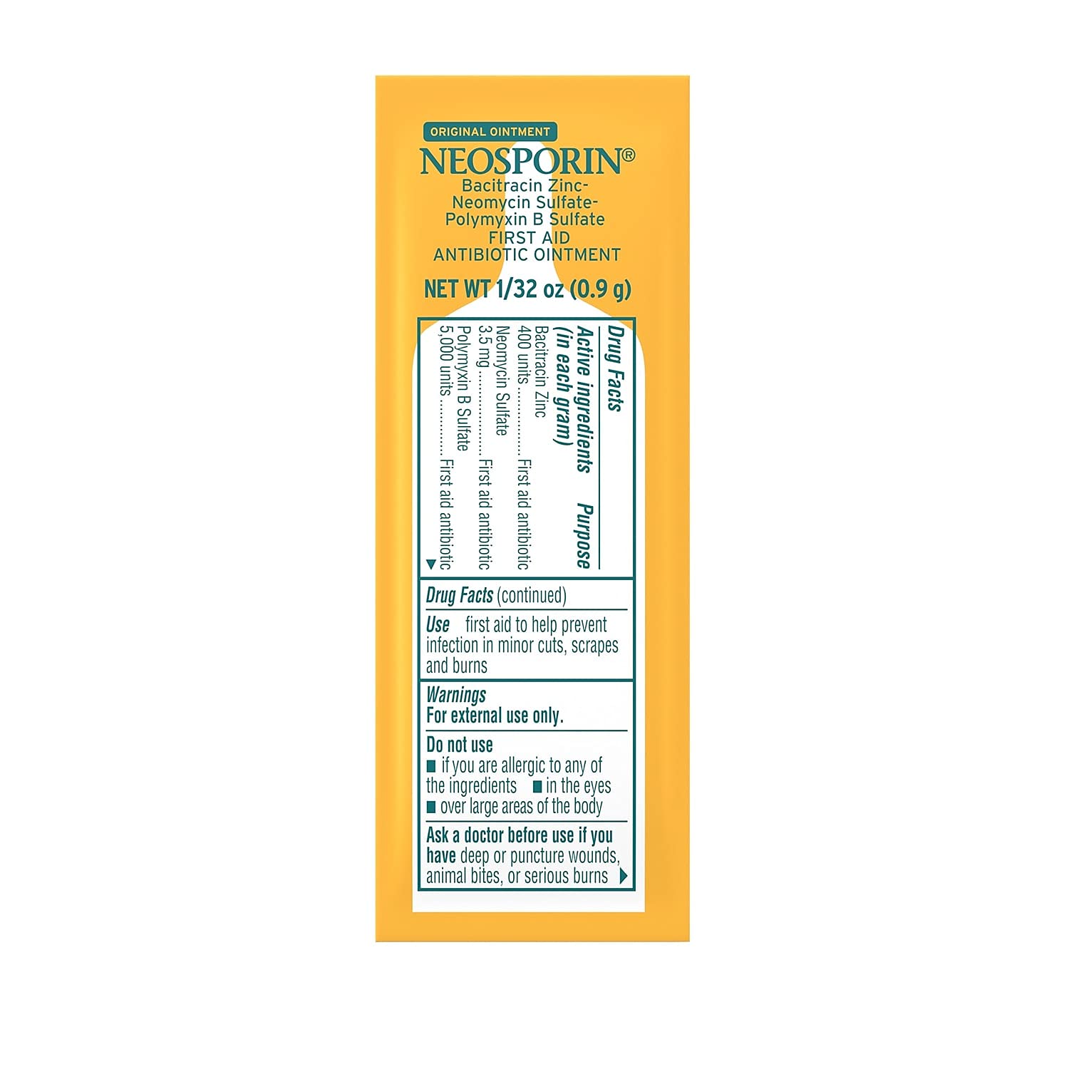 Neosporin foil packet view highlighting compact packaging