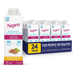 Nepro Butter Pecan bottle on counter, highlights high protein and calories for daily nutrition.