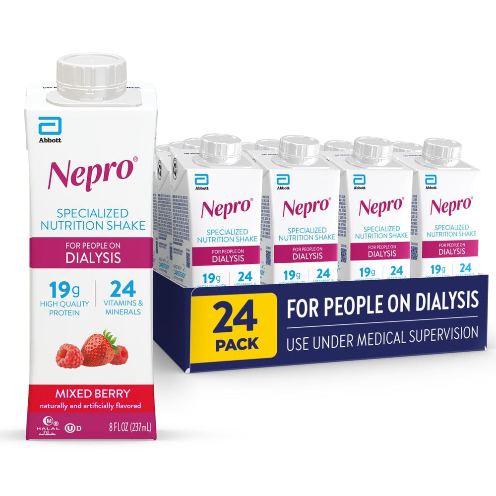 Nepro mixed berry bottle highlights dialysis nutrition with protein-rich content