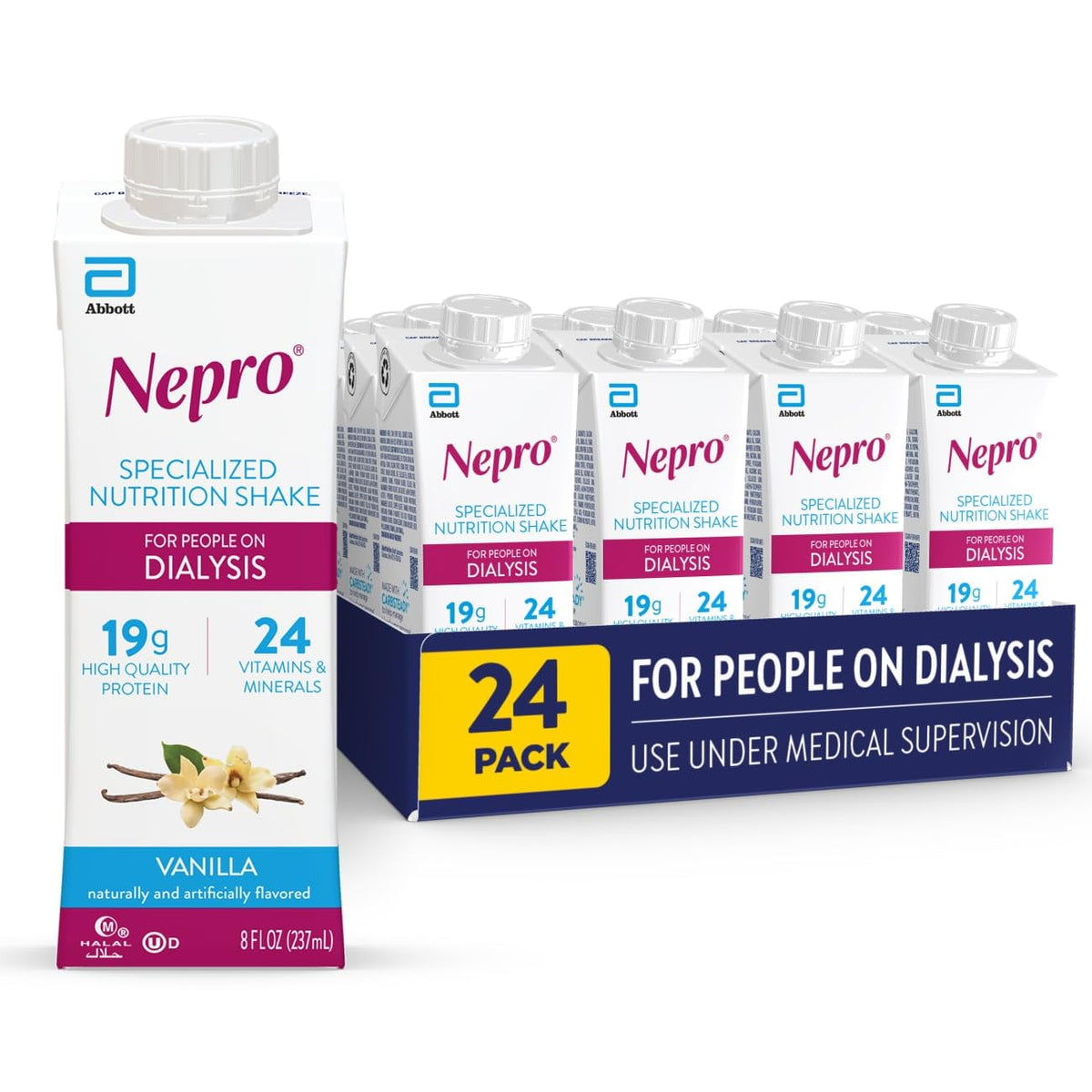 Nepro vanilla nutrition shake bottle showing protein-rich dialysis support