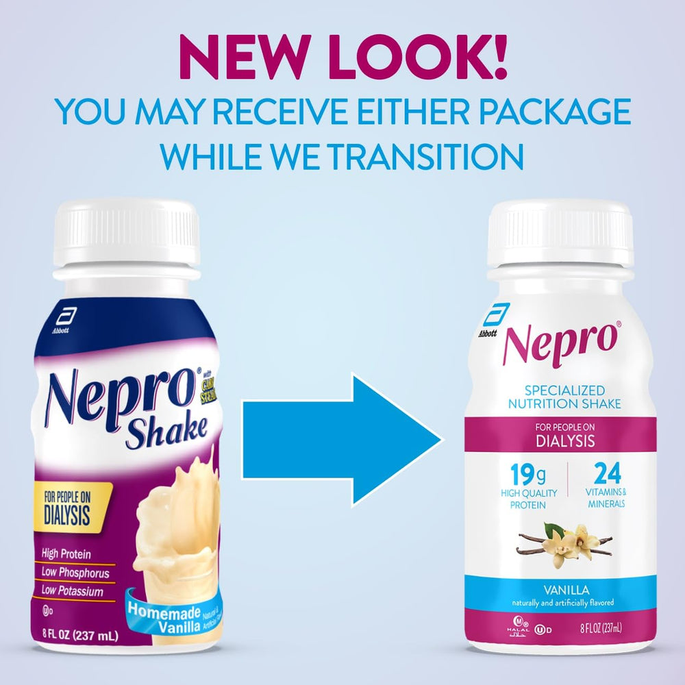 Nepro vanilla shake glass with cold shake, ideal for a protein boost.