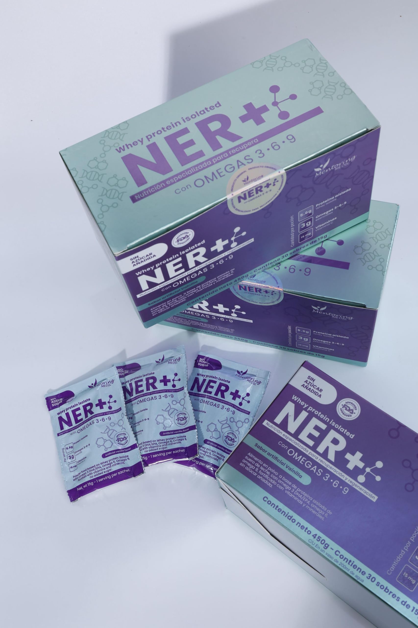NER+ Powder scoop dispensing image suggests easy mixing into shakes.