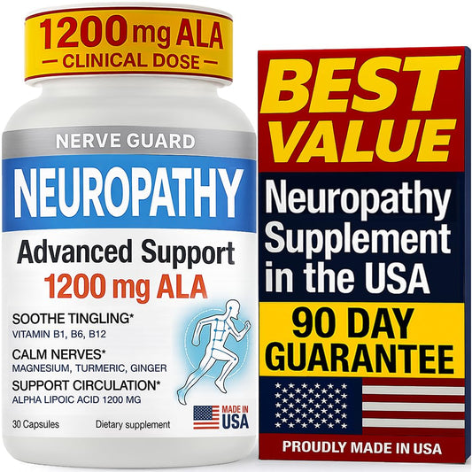 Nerve Guard bottle label shows 1200 mg ALA for nerve support