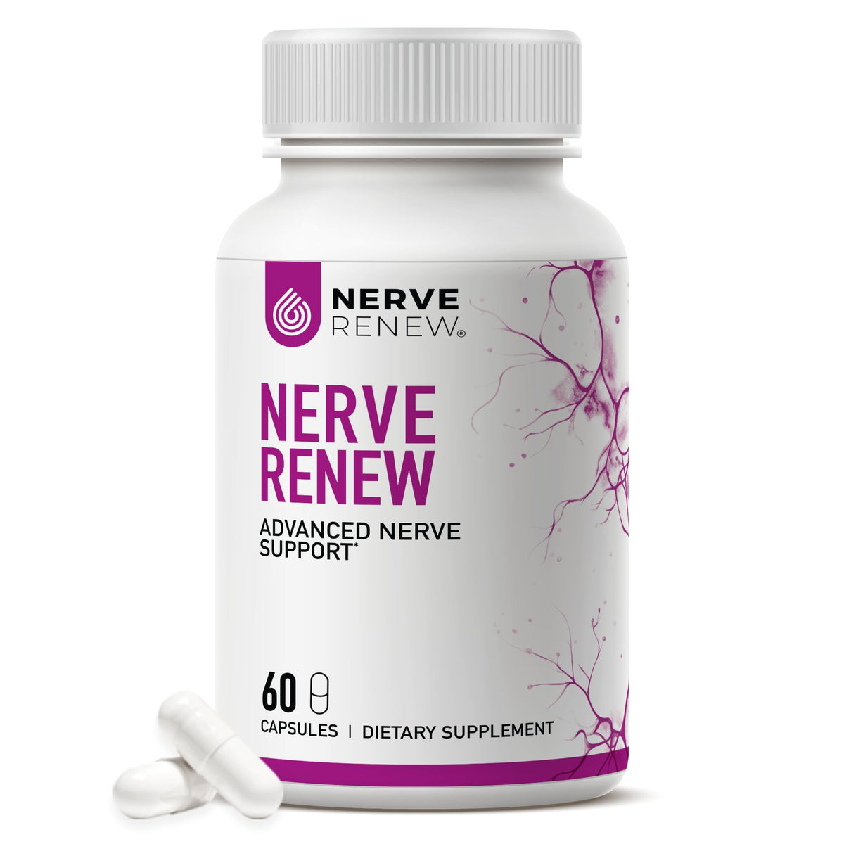 NERVE RENEW bottle label: clear branding and packaging for easy nerve support.