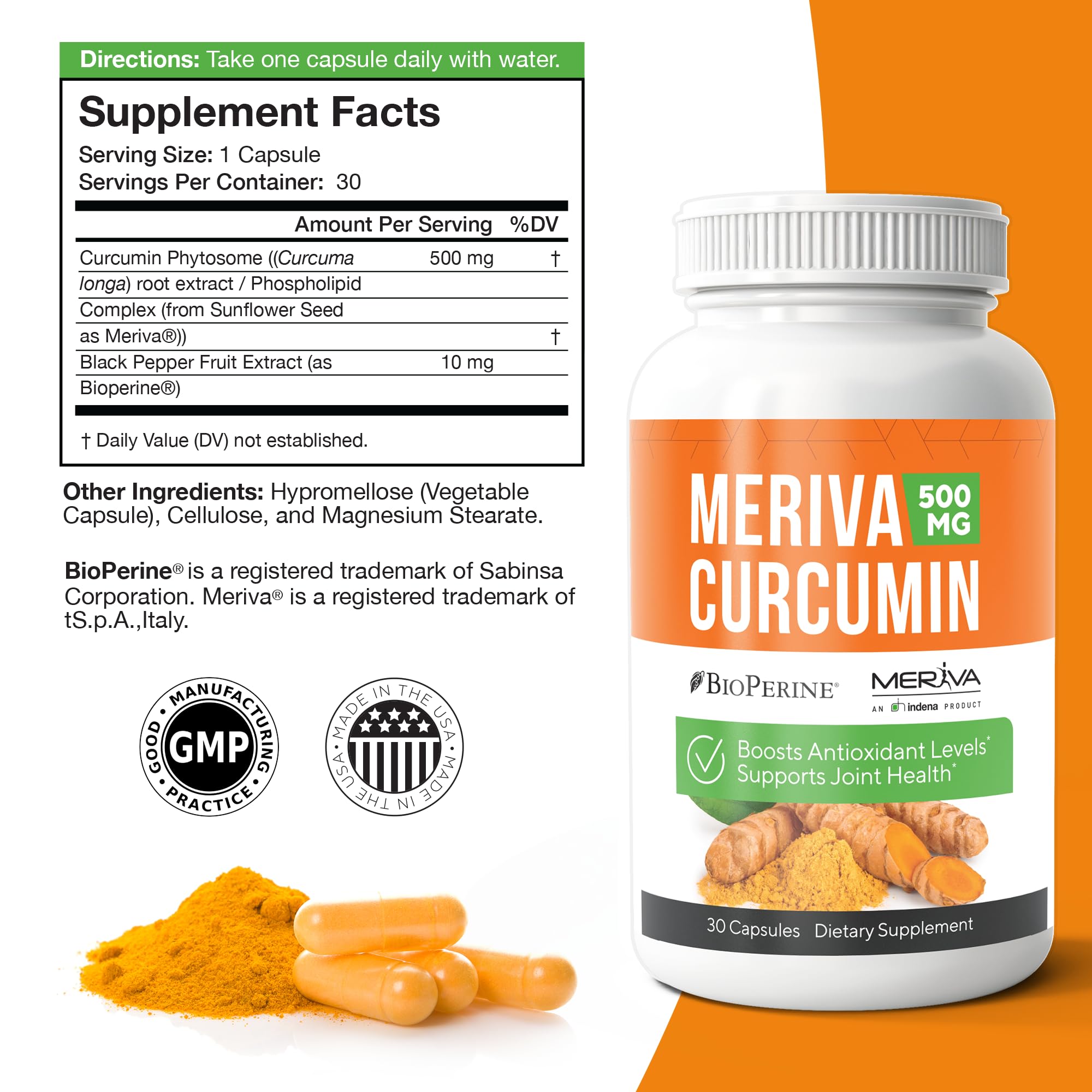 Close-up of NERVE RENEW curcumin capsules showing 500 mg Meriva content for daily nerve support
