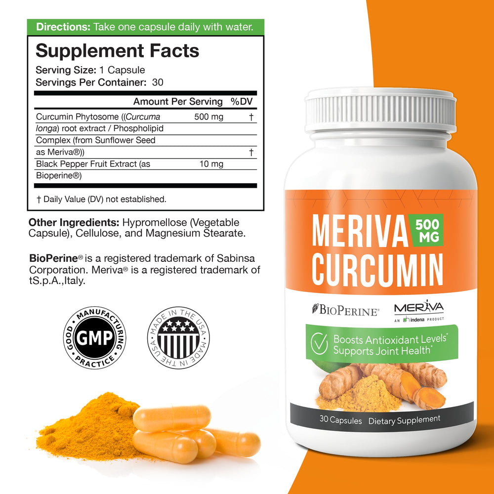 Close-up of NERVE RENEW curcumin capsules showing 500 mg Meriva content for daily nerve support