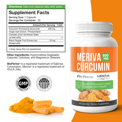 Close-up of NERVE RENEW curcumin capsules showing 500 mg Meriva content for daily nerve support