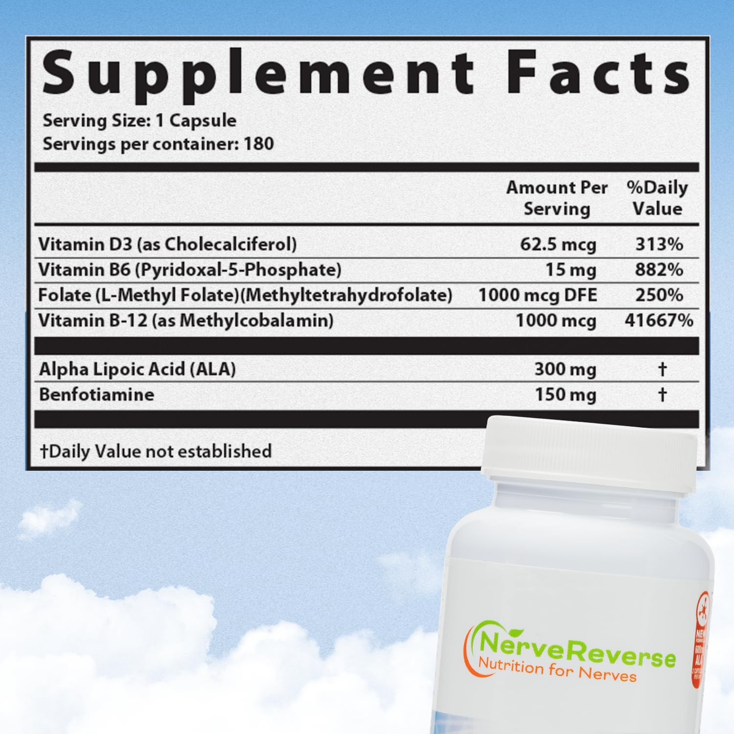 NerveReverse label detail shows 180 capsules and vegan ingredients for daily wellness.