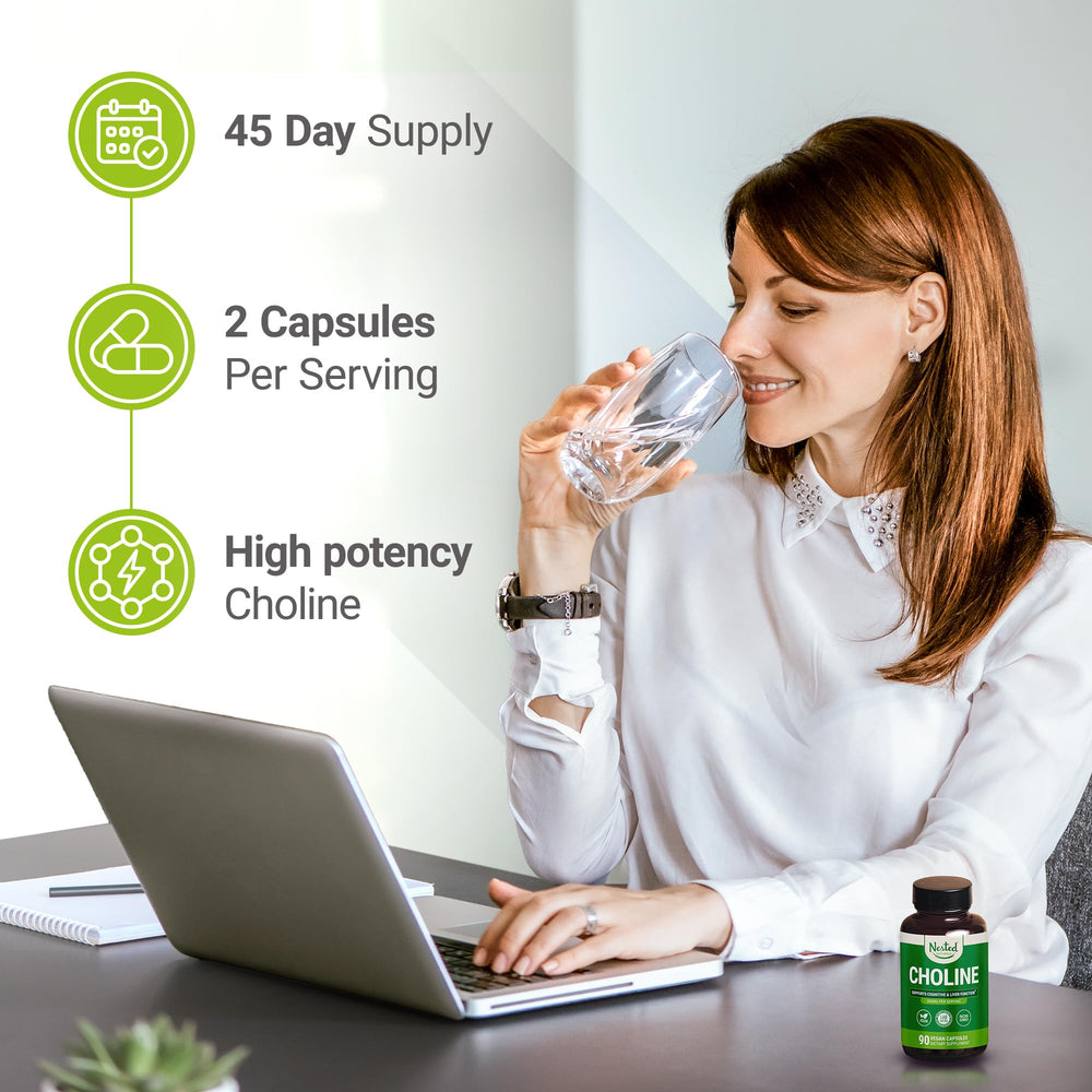 Nested Naturals Choline Bitartrate capsules pack highlighting vegan, non-GMO formula