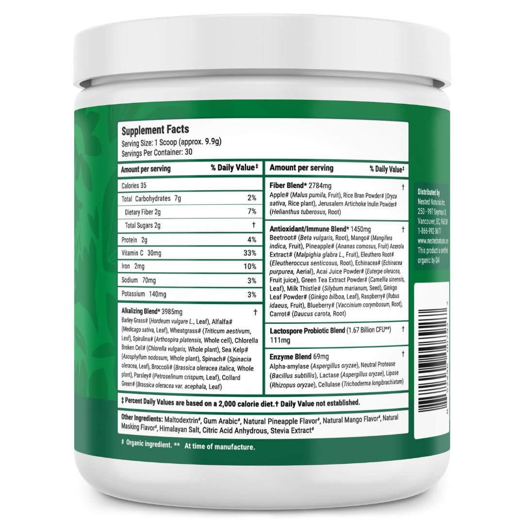Nested Naturals green powder packaging designed for on-the-go use