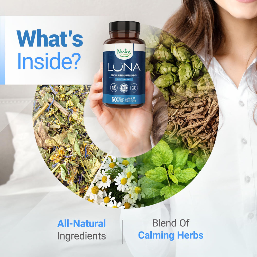 Nested Naturals Luna Melatonin-Free bottle chamomile close-up emphasizes soothing aroma for bedtime.