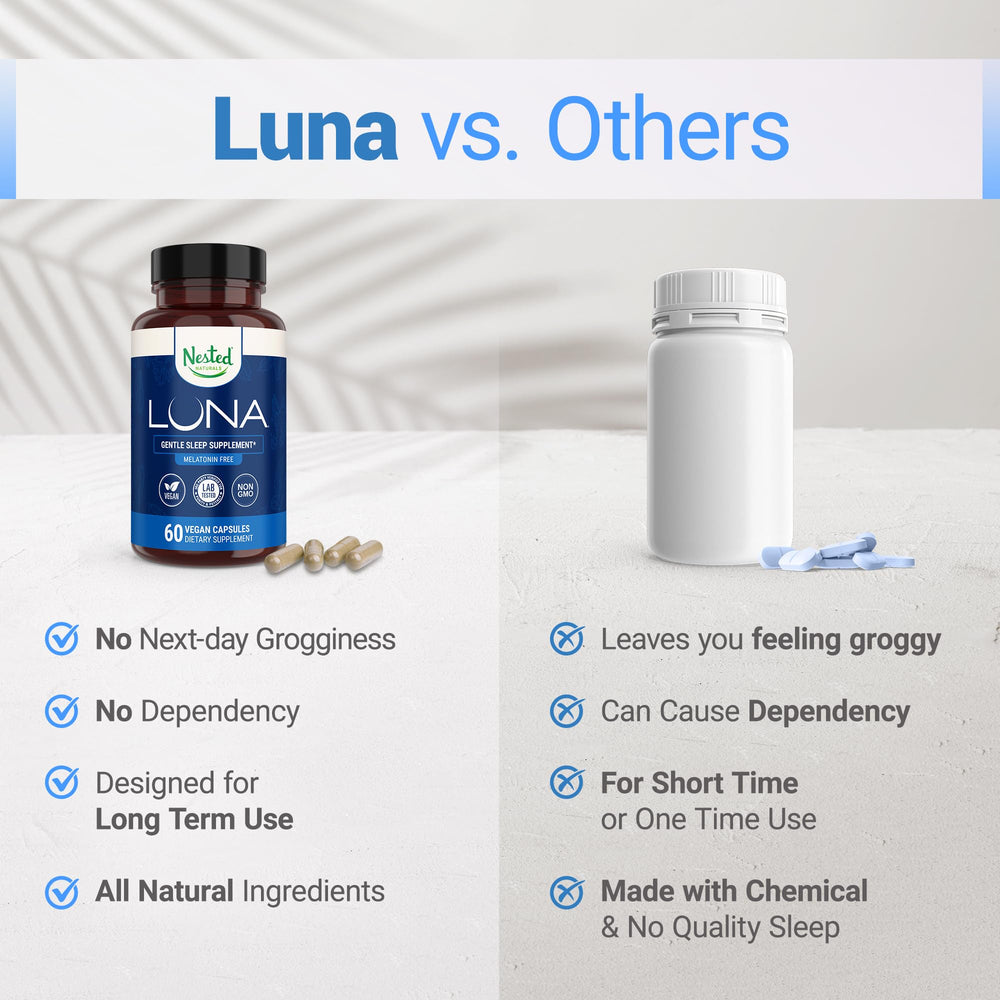 Nested Naturals Luna Melatonin-Free bottle lemon balm close-up suggests balanced evenings.