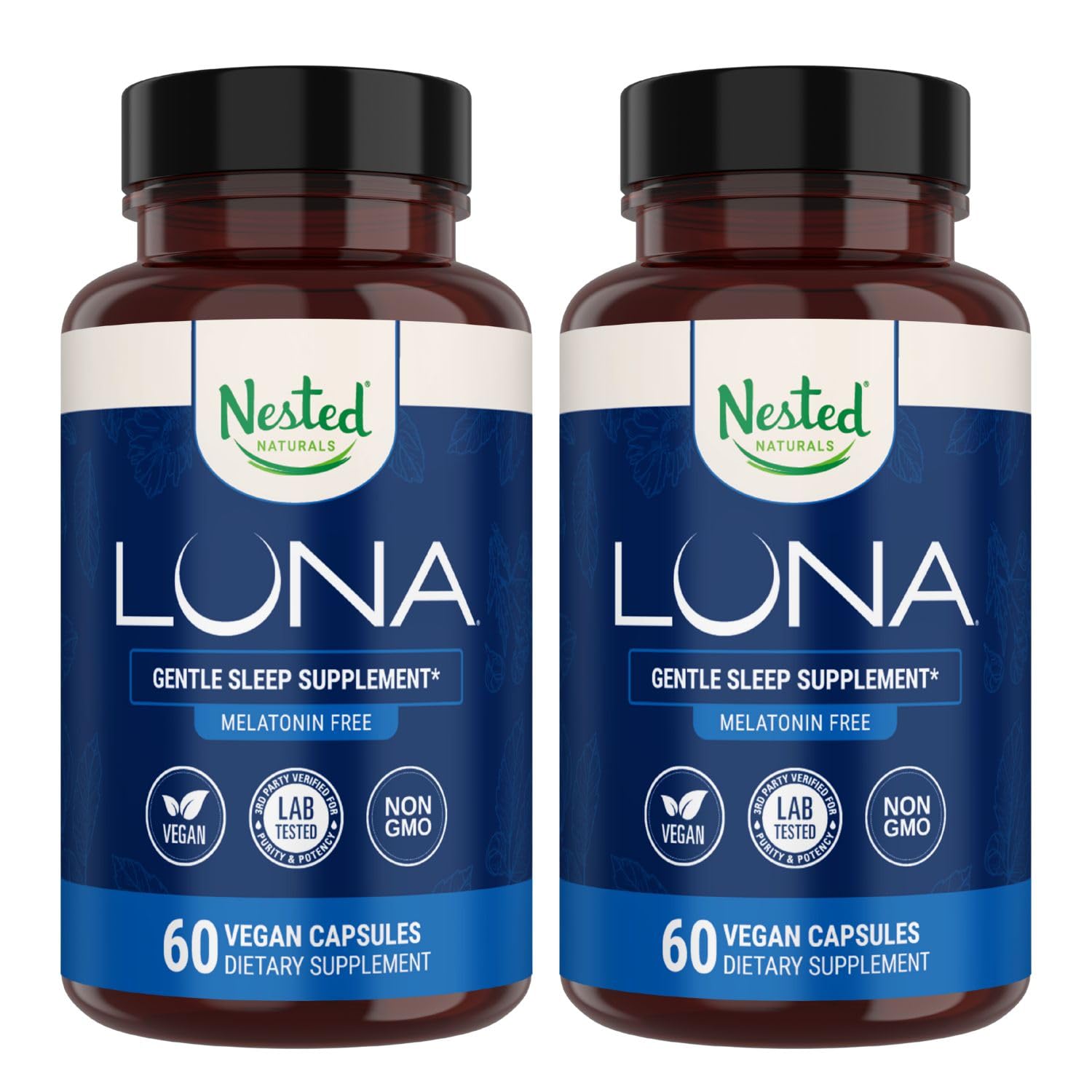 Nested Naturals Luna Melatonin-Free pack bottle front promotes calm, restful nights.