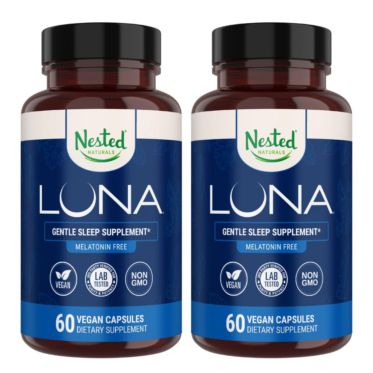 Nested Naturals Luna Melatonin-Free pack bottle front promotes calm, restful nights.