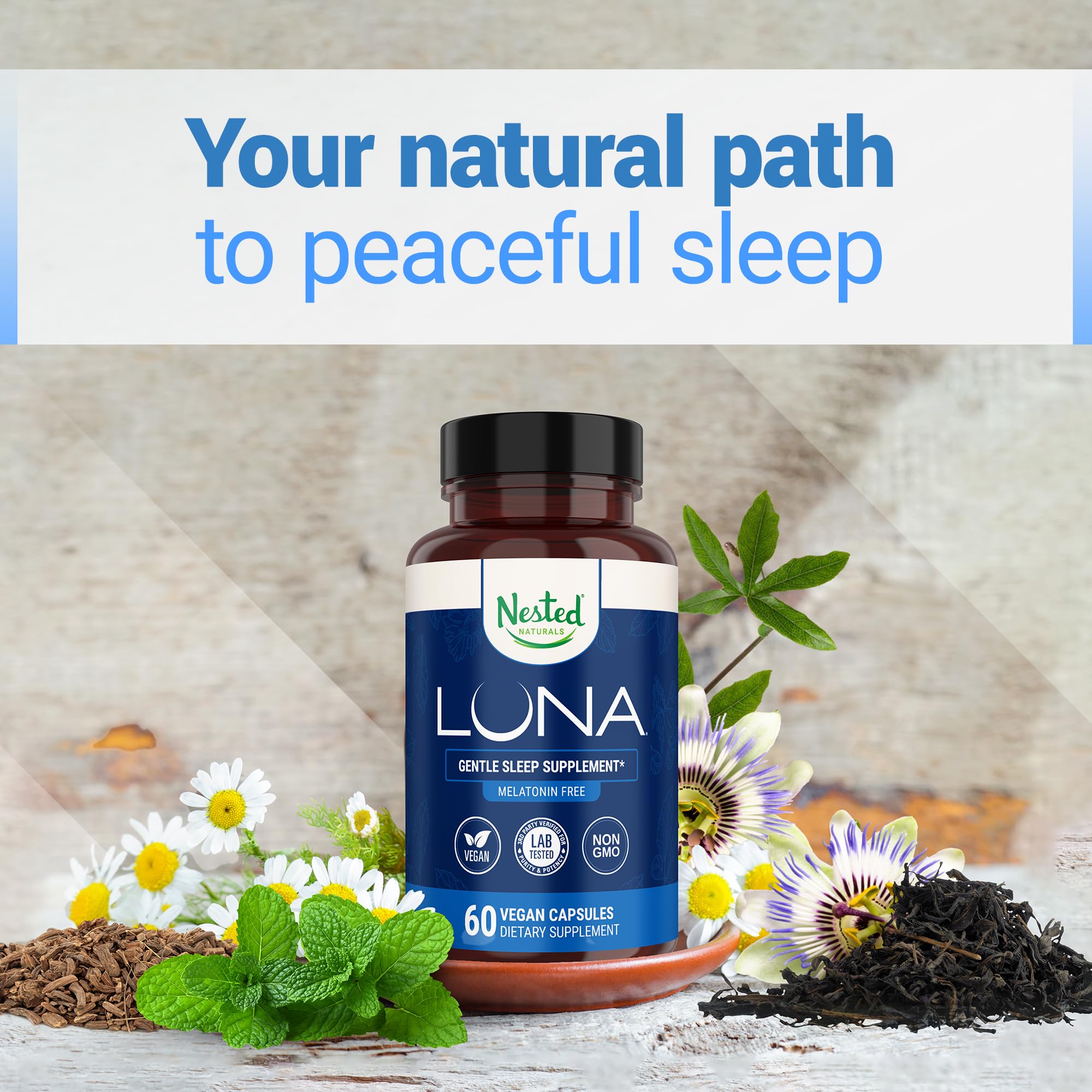Nested Naturals Luna Melatonin-Free pack contents shown for relaxing evening routine.