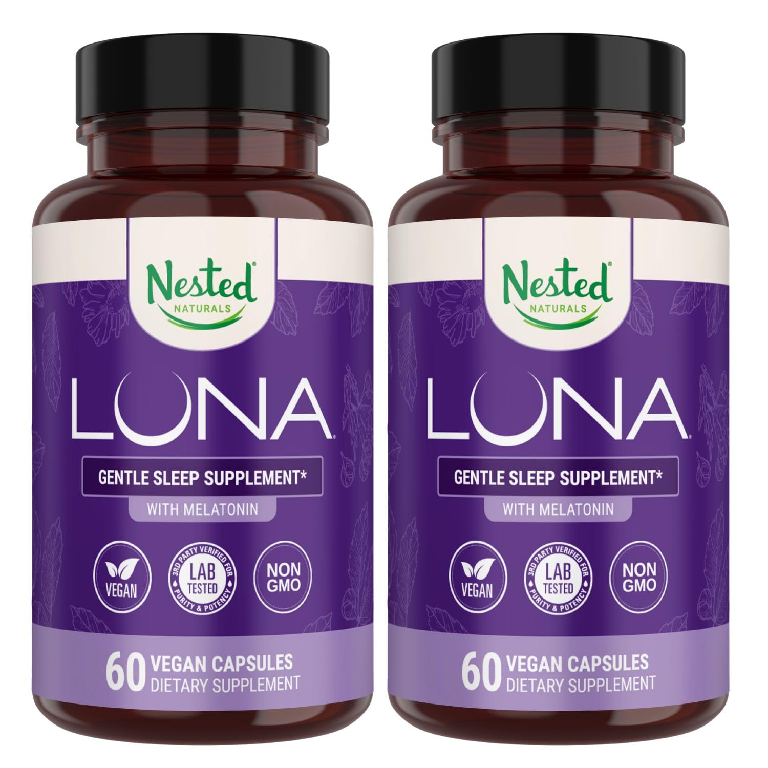Nested Naturals Luna Sleep Aid bottle front view, highlighting vegan capsules for nighttime rest.