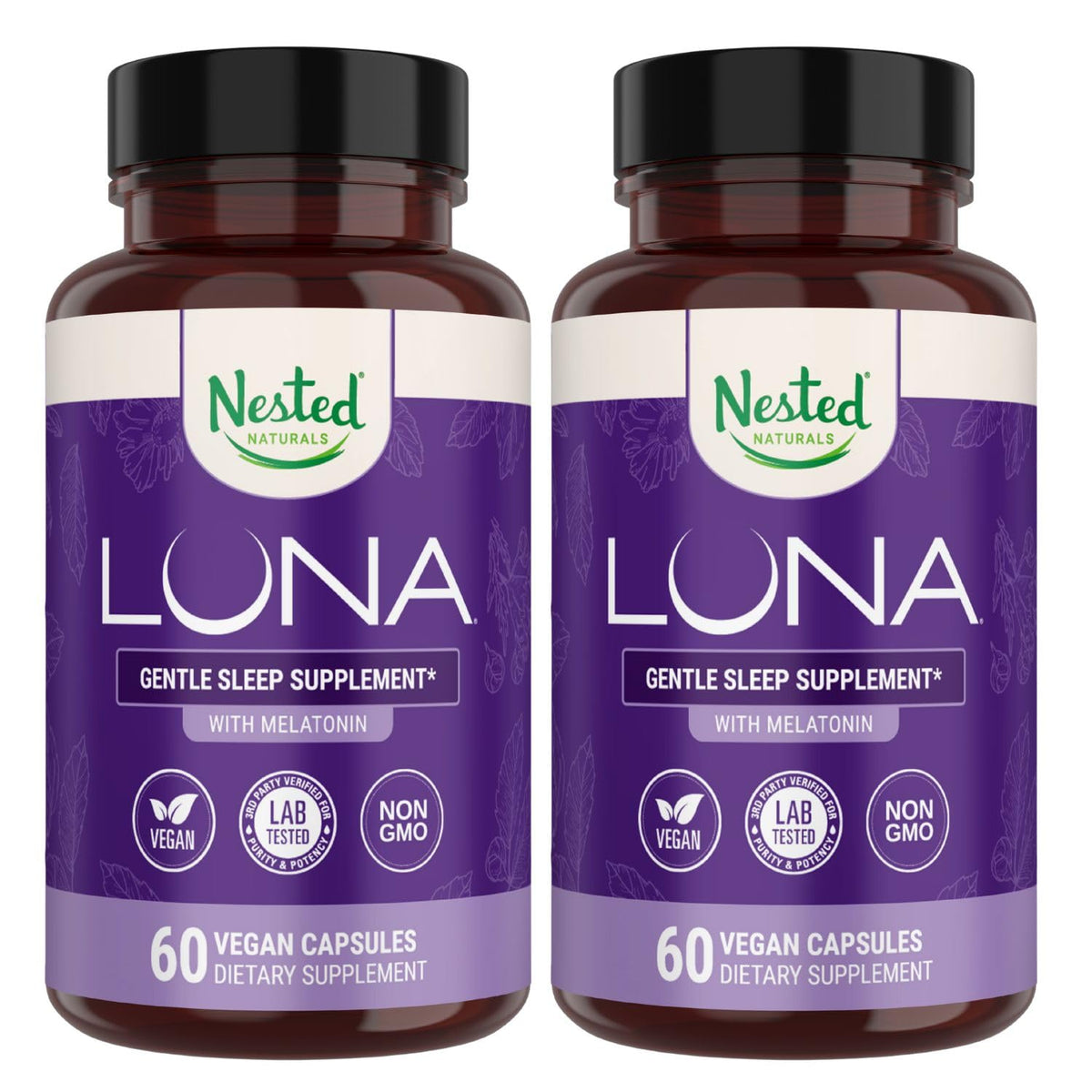 Nested Naturals Luna Sleep Aid bottle front view, highlighting vegan capsules for nighttime rest.