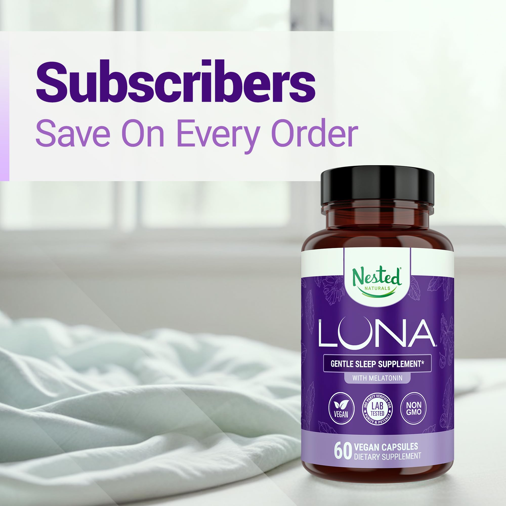 Nested Naturals Luna Sleep Aid bottle with water, ready for night-time use.