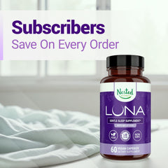 Nested Naturals Luna Sleep Aid bottle with water, ready for night-time use.