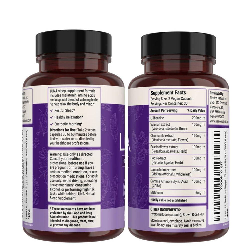 Nested Naturals Luna Sleep Aid packaging shows 120 vegan capsules.