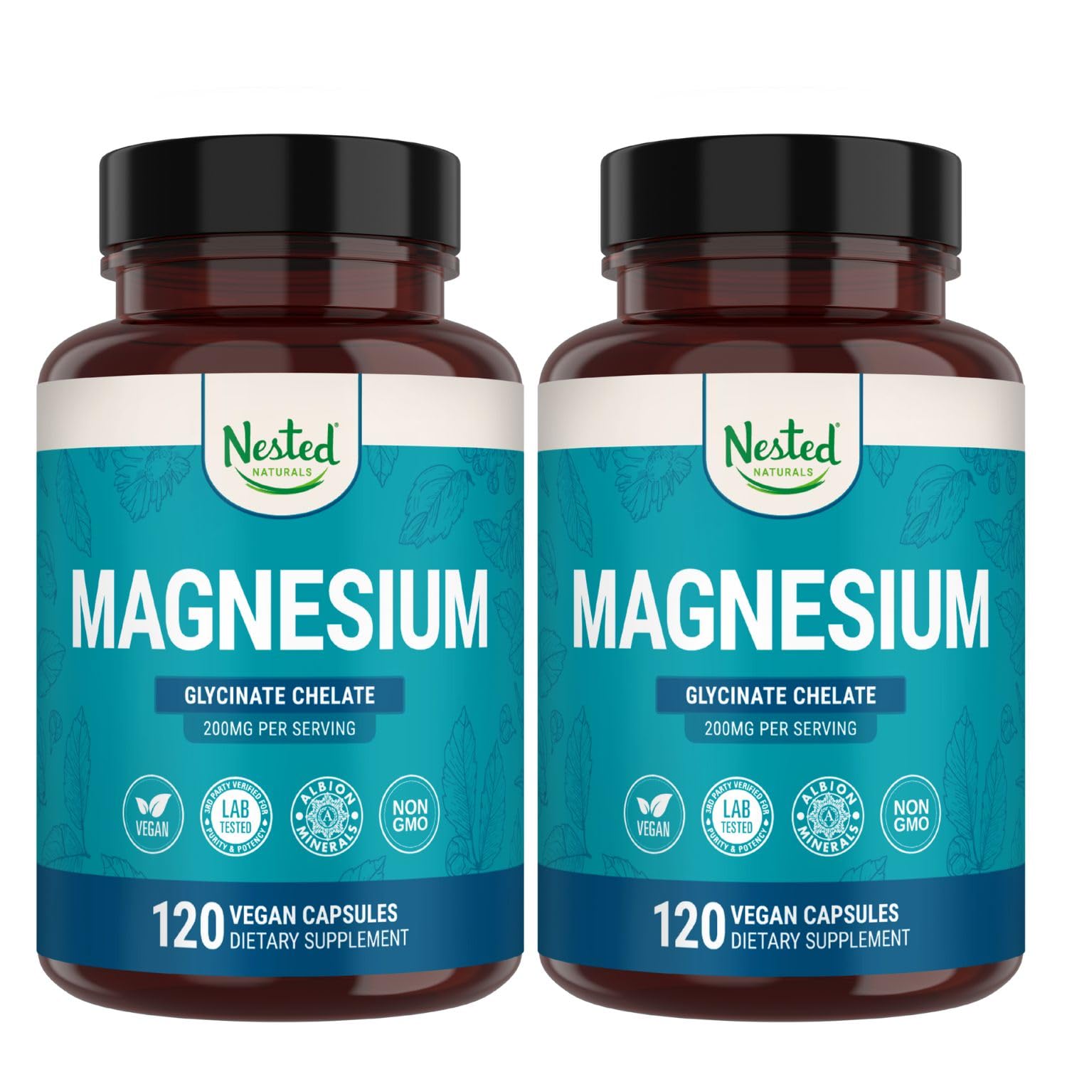 Nested Naturals Magnesium Glycinate bottle on a clean surface signaling calming support.