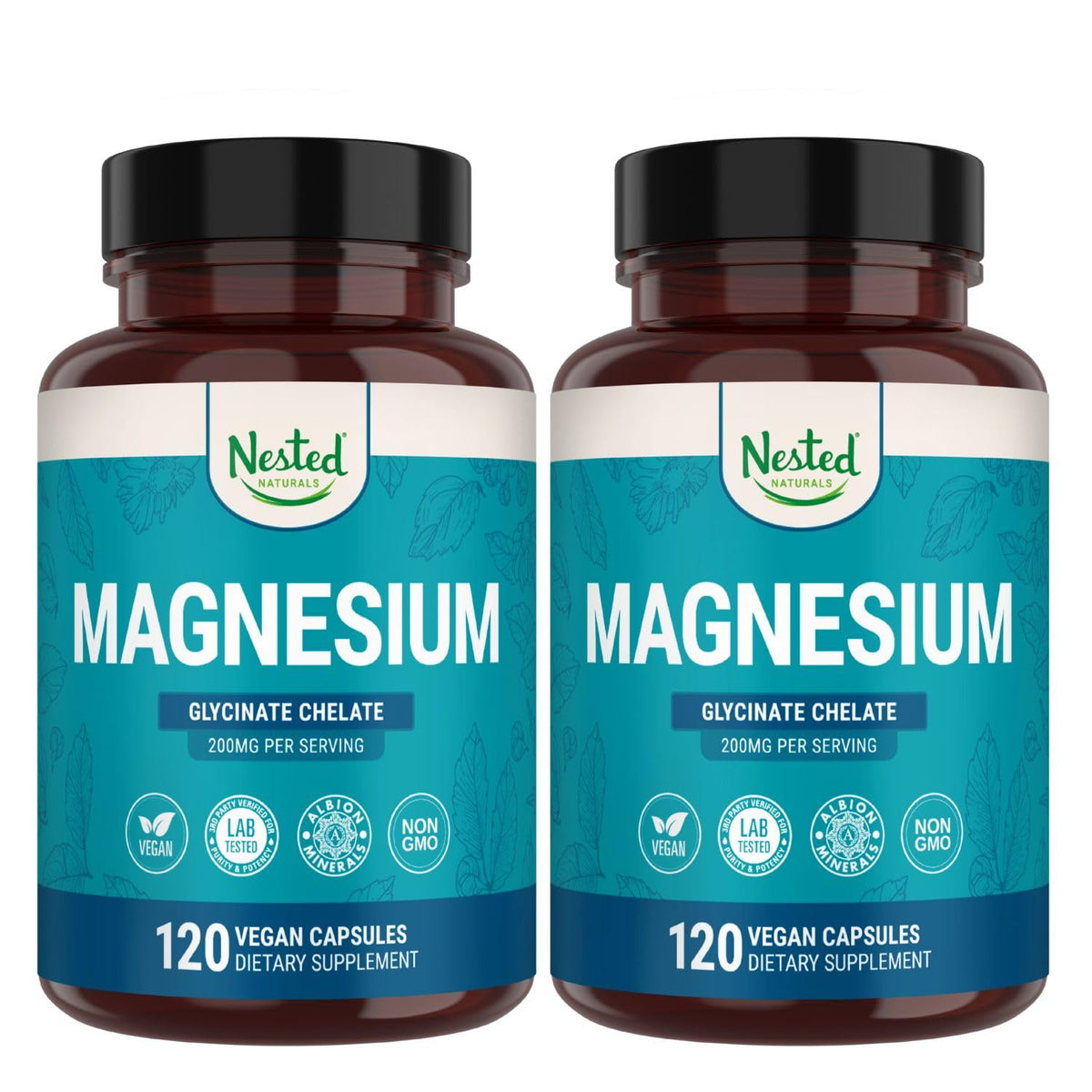 Nested Naturals Magnesium Glycinate bottle on a clean surface signaling calming support.
