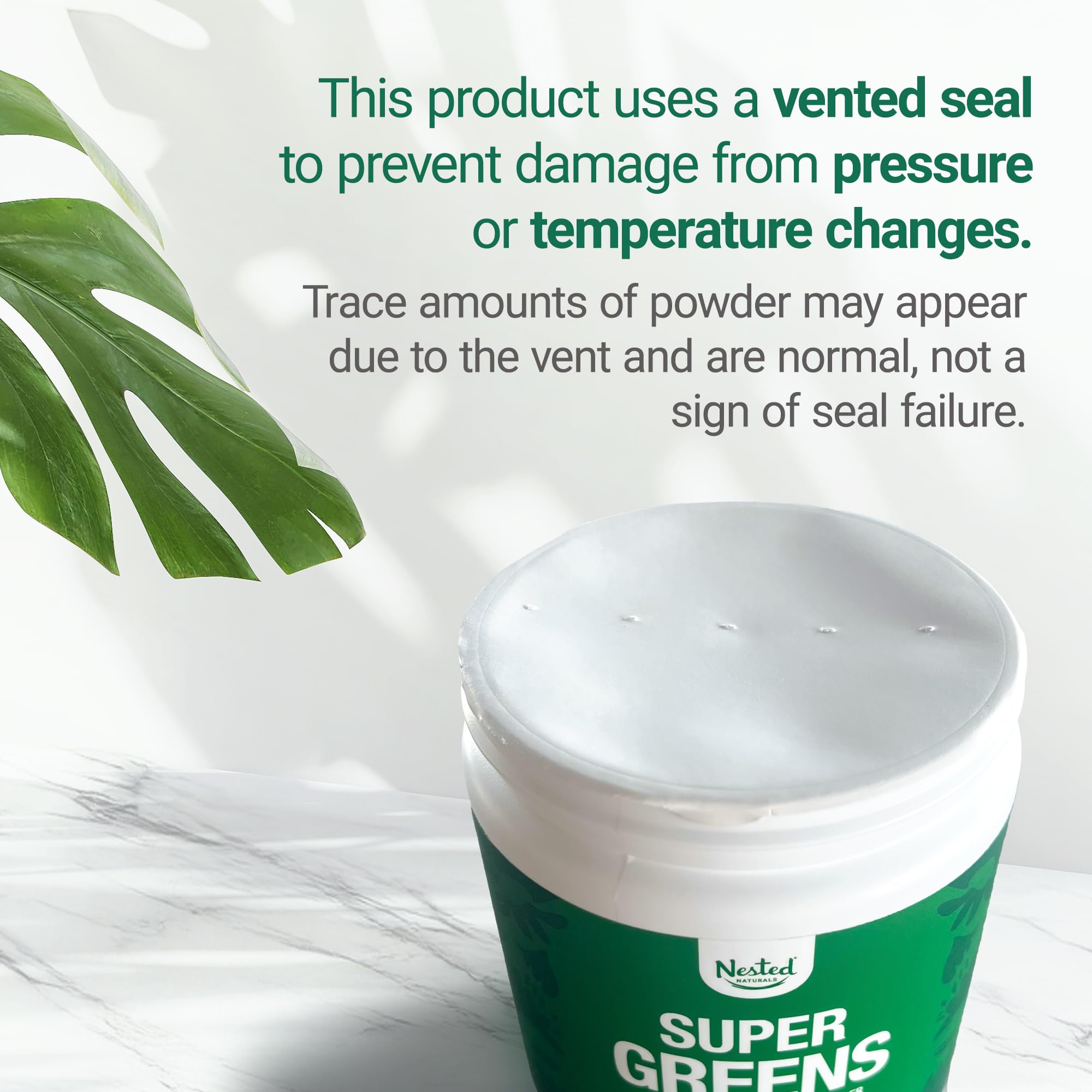 Nested Naturals Super Greens ingredients pack outlining 20+ greens and probiotics