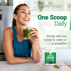 Nested Naturals Super Greens being poured into water for quick hydration