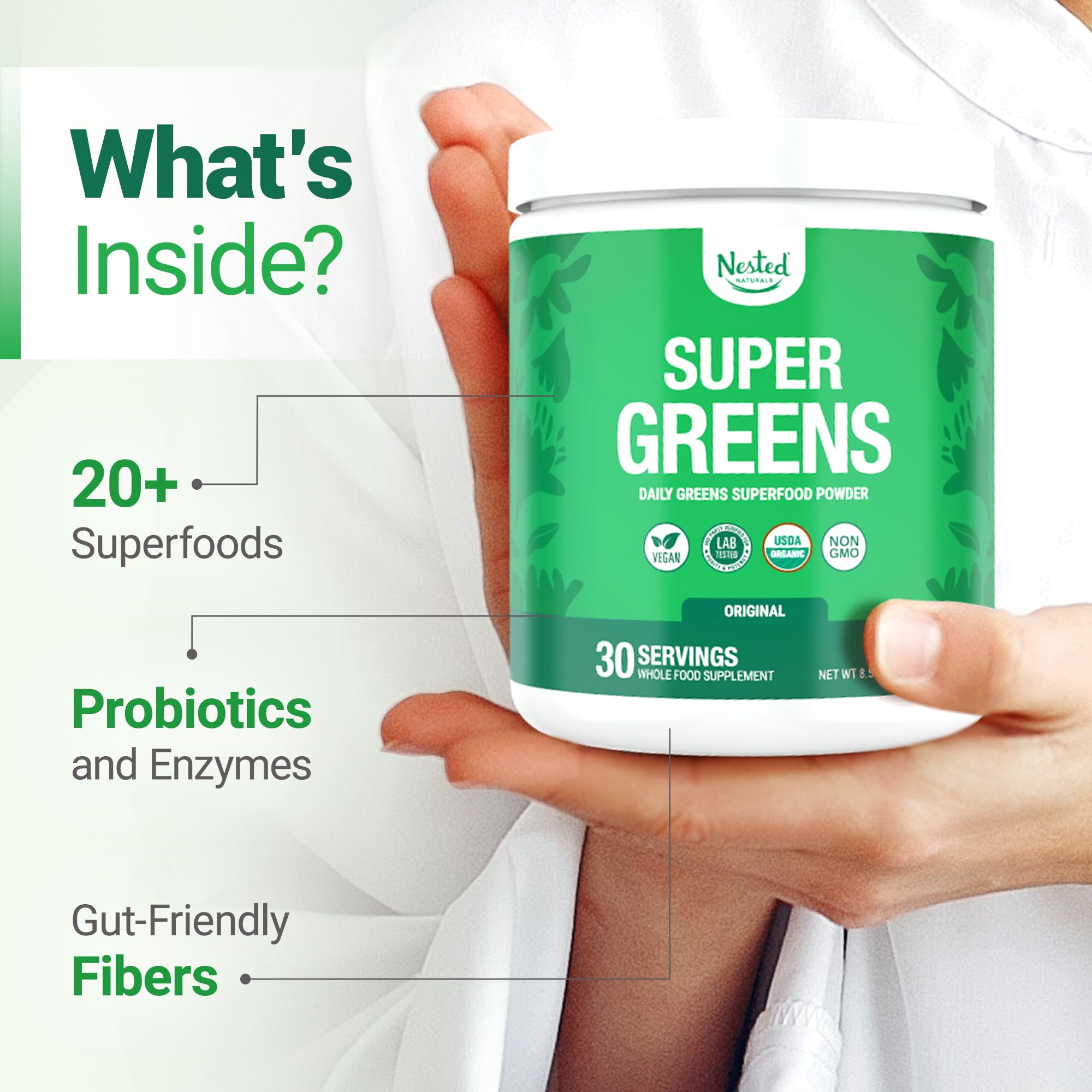 A scoop of Nested Naturals Super Greens in a glass showing easy daily supplementation.