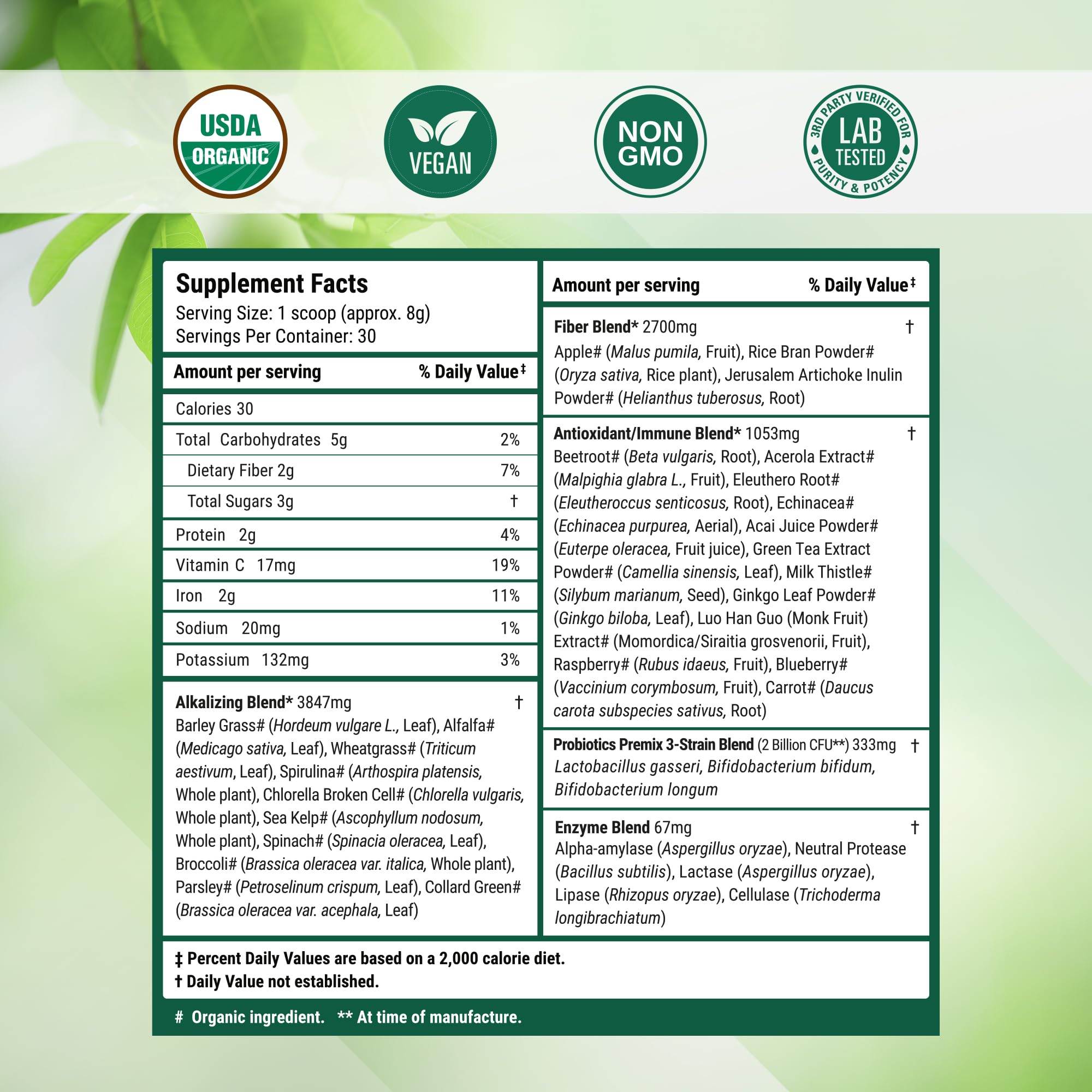 Label highlights probiotics, fiber, and enzymes as part of Nested Naturals greens blend.