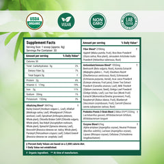 Label highlights probiotics, fiber, and enzymes as part of Nested Naturals greens blend.