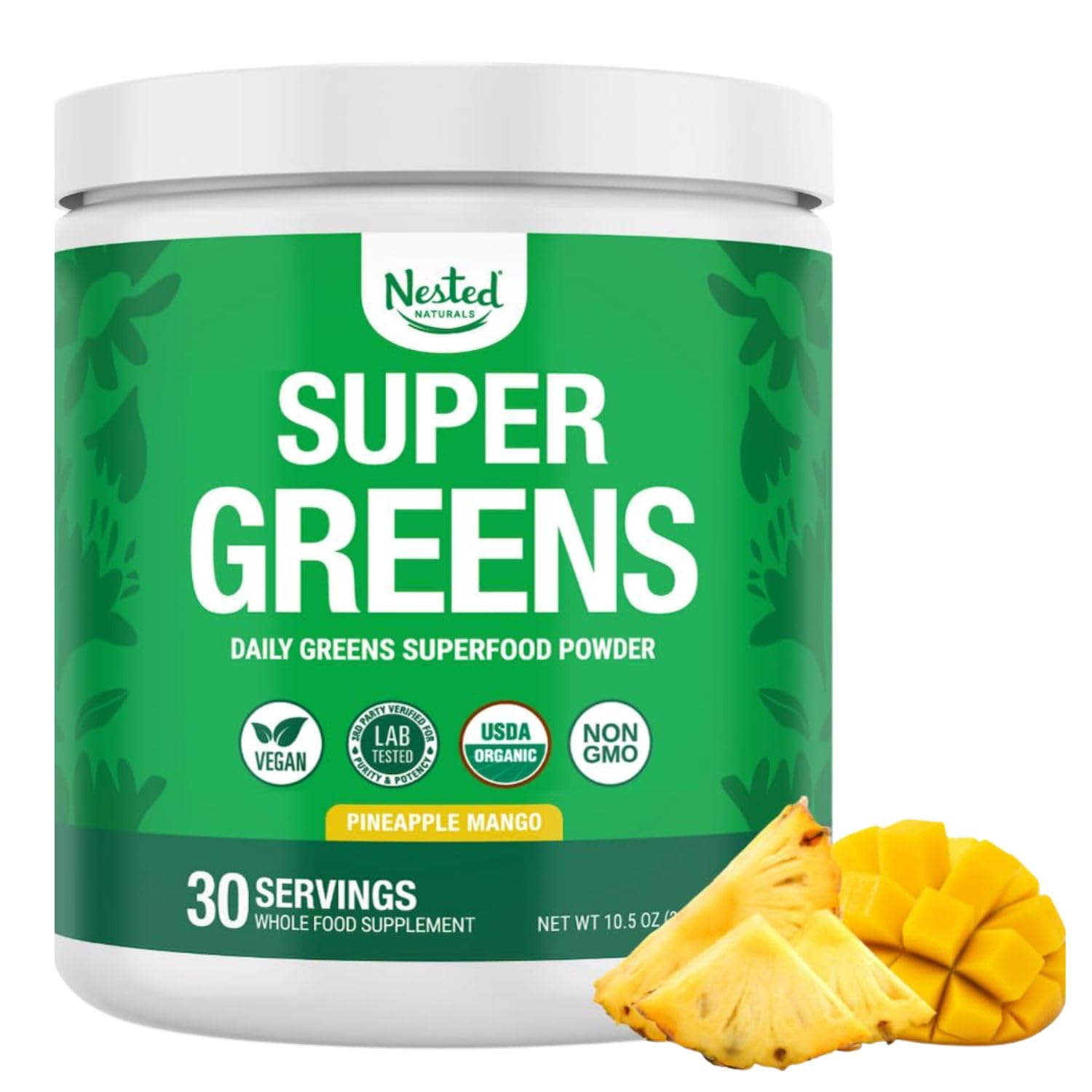 Nested Naturals Super Greens tub label showcasing organic ingredients and quality