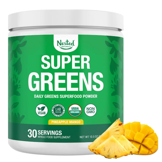 Nested Naturals Super Greens tub label showcasing organic ingredients and quality
