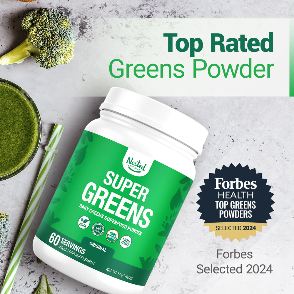 Nested Naturals Super Greens tub label highlighting organic quality and ingredients
