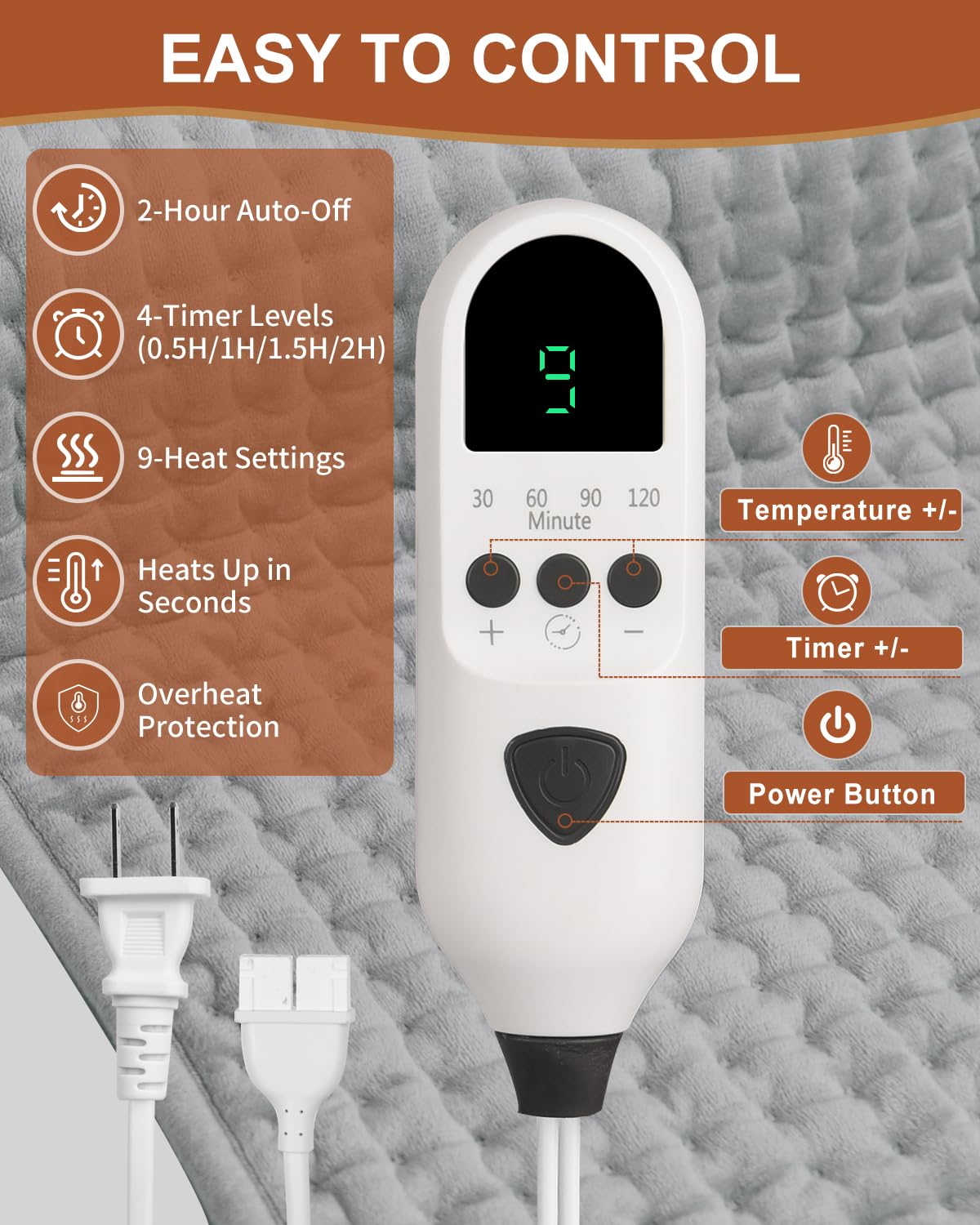 Netraty heating pad control panel showing 9 heat settings for customizable relief